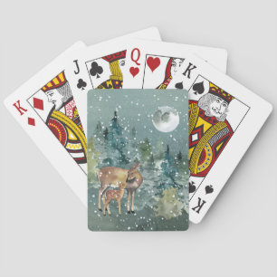 Baraja De Cartas Cierva y cervatillo en bosque nevada bajo luna lle