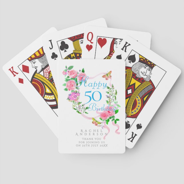 Baraja De Cartas Cinta de rosa rosa cumpleaños 50 (Reverso)