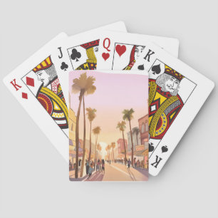 Baraja De Cartas Ciudad Costera de Sunset   Acuarela costera de árb