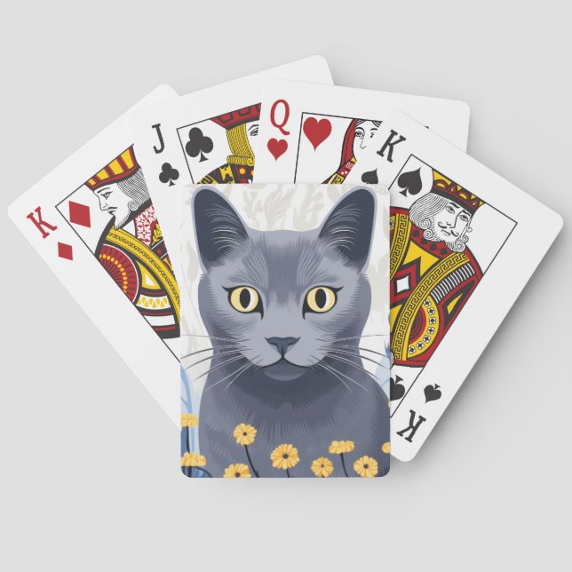 Baraja De Cartas Clásico de flores amarillas de gato azul ruso (Reverso)