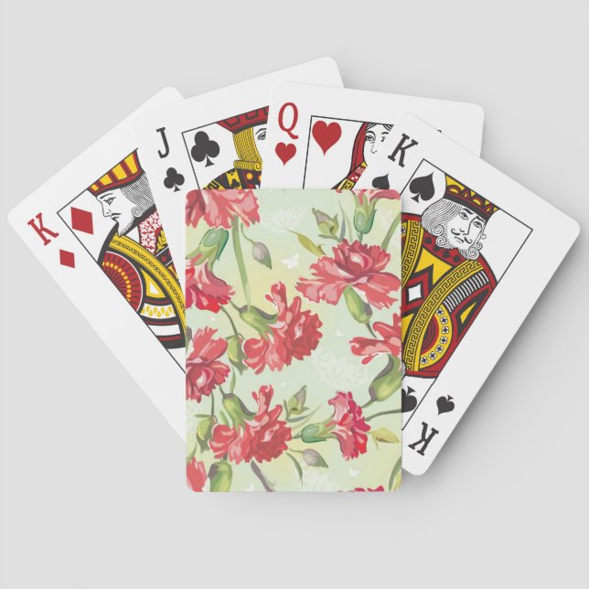 Baraja De Cartas Claveles rojos en verde con las mariposas (Reverso)