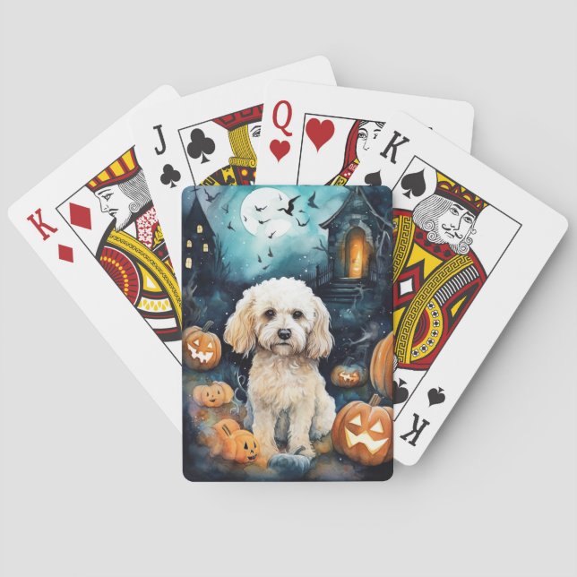 Baraja De Cartas Cockapoo de Halloween con calabazas aterradoras (Reverso)