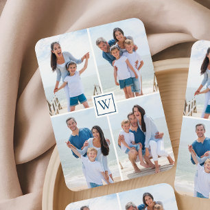 Baraja De Cartas Collage de 4 fotos de familia con monograma azul