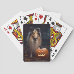 Baraja De Cartas Collie en masa de Halloween con calabazas aterrado