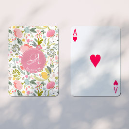 Baraja De Cartas Color de agua rosada Patrón floral Monograma Nombr