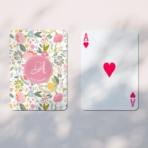 Baraja De Cartas Color de agua rosada Patrón floral Monograma Nombr