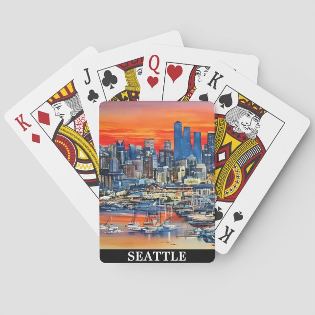 Baraja De Cartas Colorida Seattle Washington Cityscape Sunset (Reverso)
