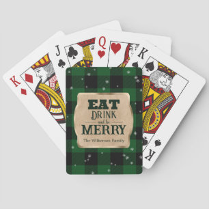Baraja De Cartas Come, Bebe y Alégrate Plaid Verde de Navidad