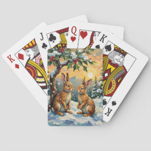 Baraja De Cartas Conejos Vintage Bajo el Árbol de Acebo Navidad