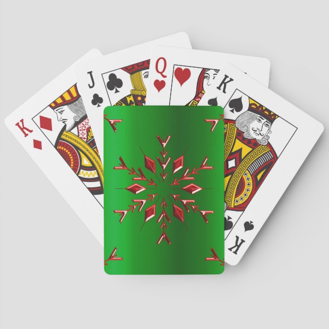 Baraja De Cartas Copos de nieve rojos en Navidades verdes (Reverso)