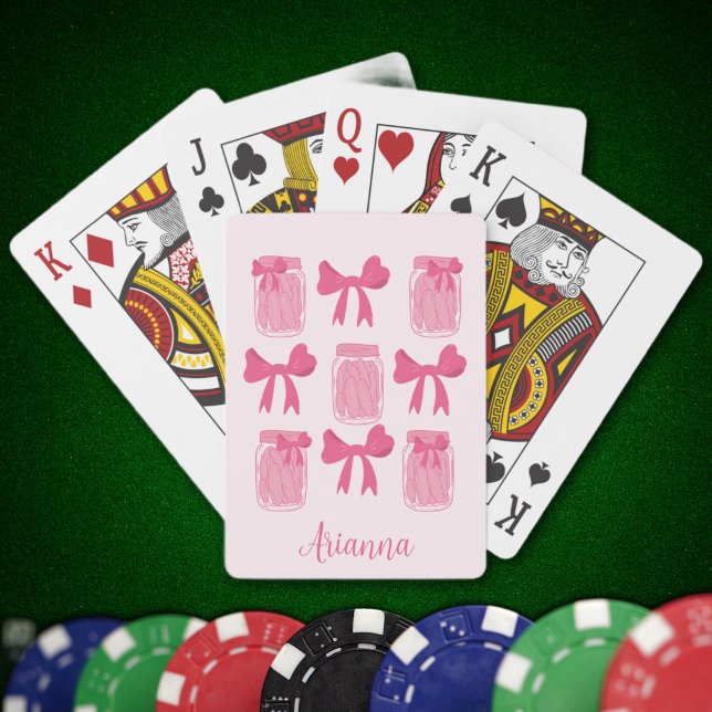 Baraja De Cartas Coqueta rosa caliente Jar y Bow personalizada (Hot Pink Coquette Pickle Jar and Bow Personalized Playing Cards)
