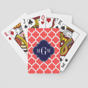 Baraja De Cartas Coral Rojo Blanco Marroquí #5 Azul Marino 3 Monogr