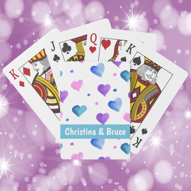 Baraja De Cartas Corazones acuarela Personaliza el azul rosado (A deck of playing cards that you can personalize with pink, blue, purple hearts)