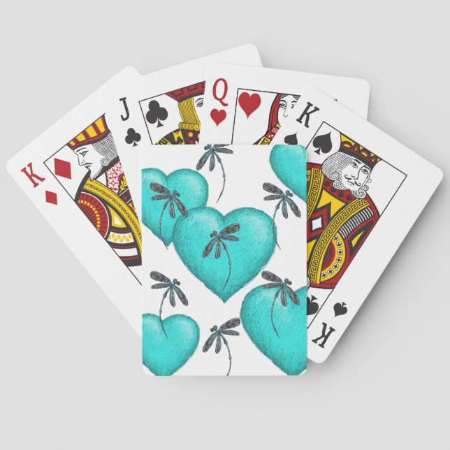 Baraja De Cartas Corazones de amor y libélulas turquesa (Reverso)