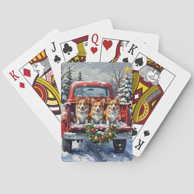 Baraja De Cartas Corgi Christmas Red Truck Holiday (Reverso)