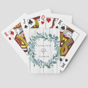 Baraja De Cartas Corona de eucalipto verde para boda en madera blan