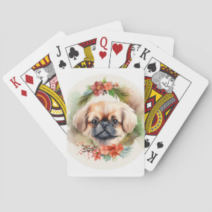 Baraja De Cartas Corona de Navidad de Pekinés Cachorro Festivo