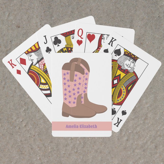 Baraja De Cartas Cowboy Boots Stars Purple Pink Brown personifica (A deck of playing cards with pink, brown and purple cowboy boots and text you can personalize!)