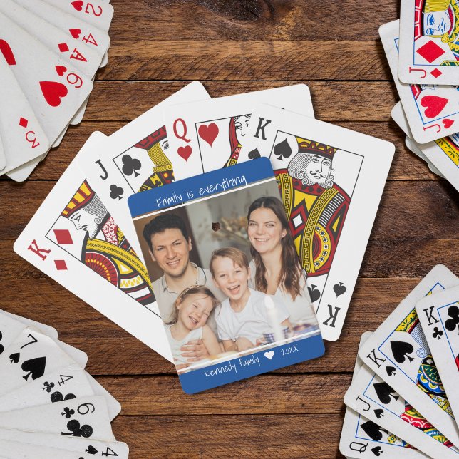 Baraja De Cartas Crear tu propia cita familiar Nombre de foto Azul (Create Your Own Family Name Family is everything Quote Photo Playing Cards)