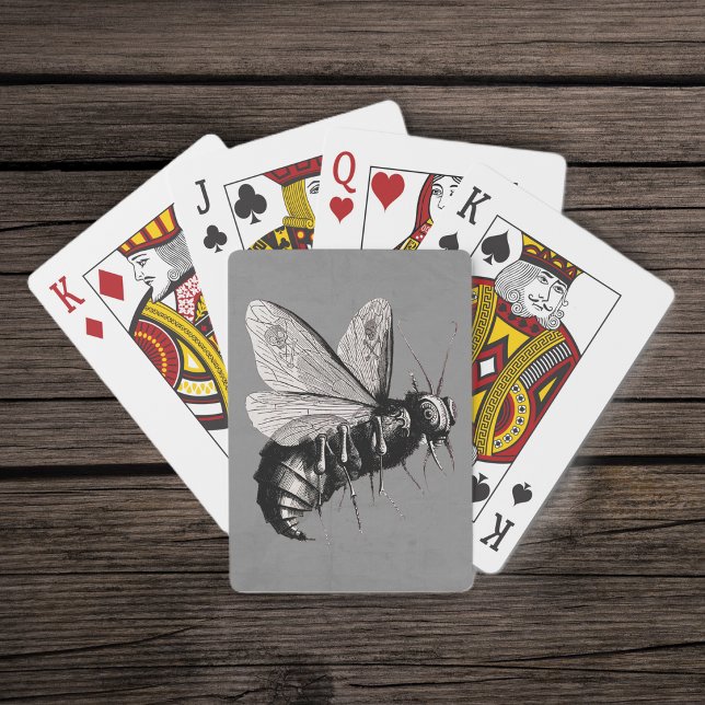 Baraja De Cartas Creepy Gothic Bee Skull Wings Insect (Scary Goth bee in black white with skulls on wings on dark grey deck of playing cards.)