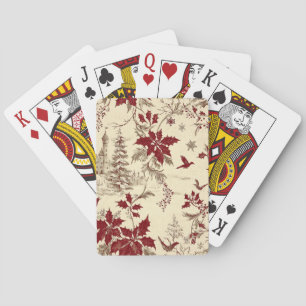 Baraja De Cartas Crema Antiguo Burgundy Invierno Pájaros Acebo Flor
