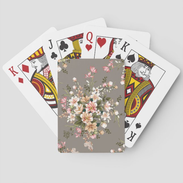 Baraja De Cartas Crema, flores rosas en gris. (Reverso)