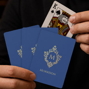Baraja De Cartas Crest Monograma Azul Real Dorado Vintage Elegante