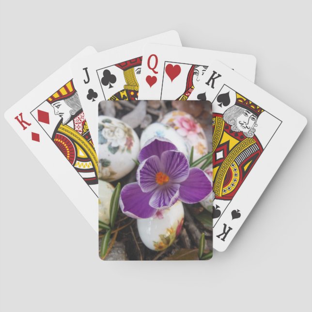 Baraja De Cartas Crocus morado y huevos de Pascua florales (Reverso)