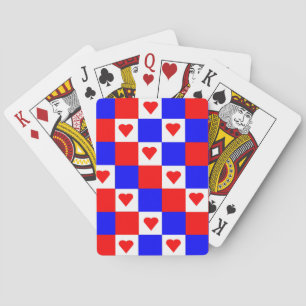 Baraja De Cartas Cuadrados rojo, blanco y azul con corazón rojo