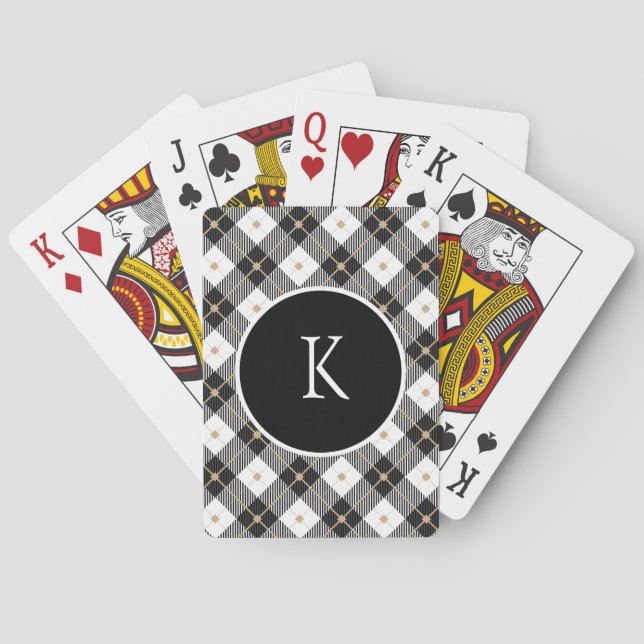Baraja De Cartas Cuadros Negro Blanco Dorado Monogramado (Reverso)