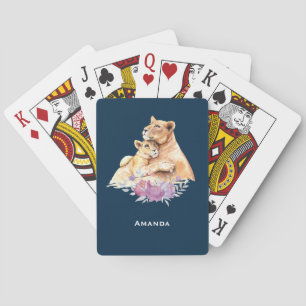 Baraja De Cartas Cuidada acuarela madre león y cachorro