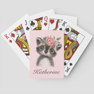 Baraja De Cartas Cuidada Acuarela Raccoon Floral rosa