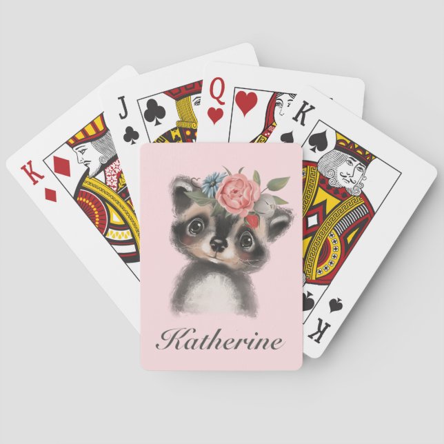 Baraja De Cartas Cuidada Acuarela Raccoon Floral rosa (Reverso)
