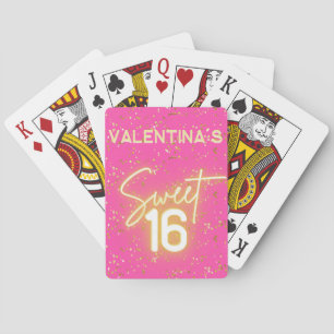 Baraja De Cartas Cumpleaños Dulces 16 Rosa Caliente Neón Resplandor