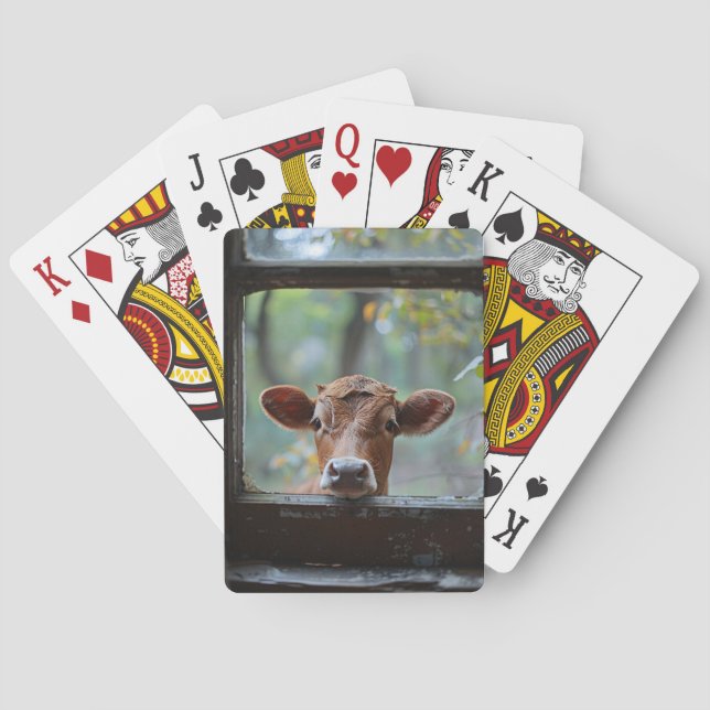Baraja De Cartas Curiosa vaca mirando a través de una ventana (Reverso)