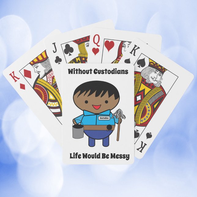 Baraja De Cartas Custodio Janitor Life Messy negro macho (A deck of playing cards with a black male janitor& the text "Without Custodians Life Would Be Messy")