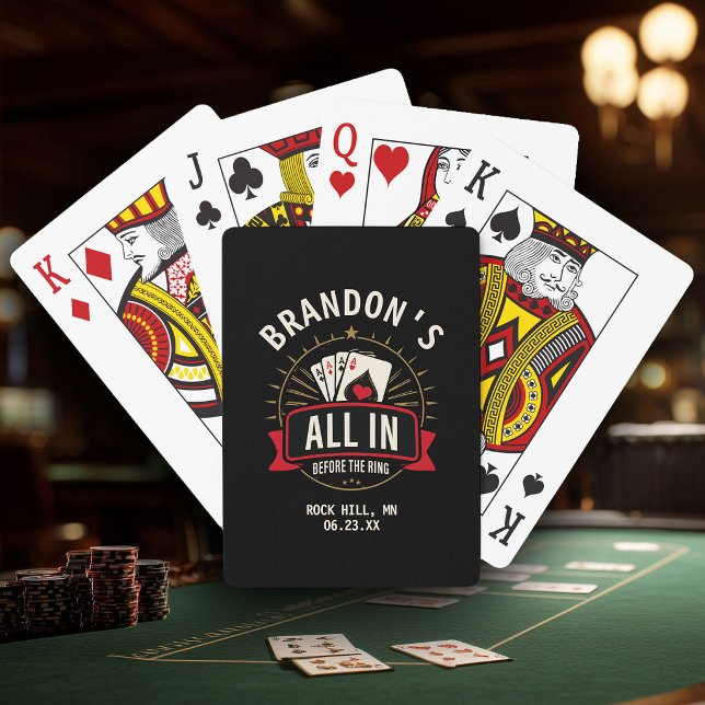 Baraja De Cartas Custom Name Casino Bachelor Party Black Poker (Black bachelor party playing card box with gold "All In Before the Ring" poker graphic)