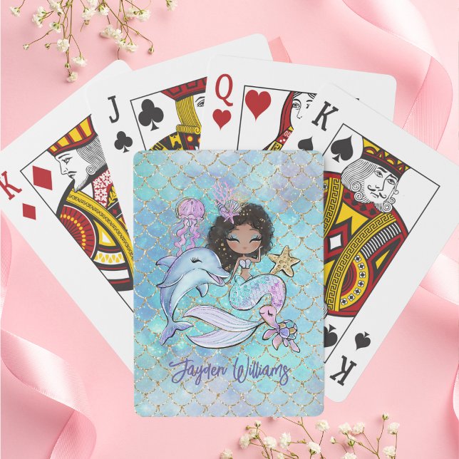 Baraja De Cartas Cute Black Hair Mermaid Nombre personalizado Chica (Cute Black Hair Mermaid Custom Name Girl Birthday Poker Cards
)