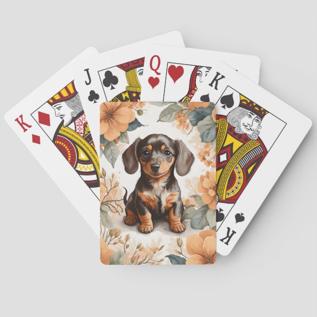 Baraja De Cartas Cute Brown Dachshund Puppy Peach Floral (Reverso)