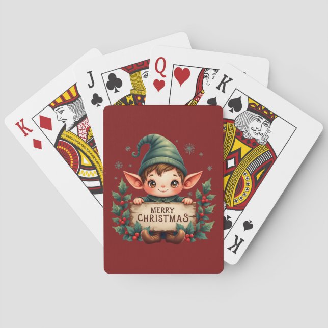 Baraja De Cartas Cute Christmas Elf Holding Merry Sign Red (Reverso)