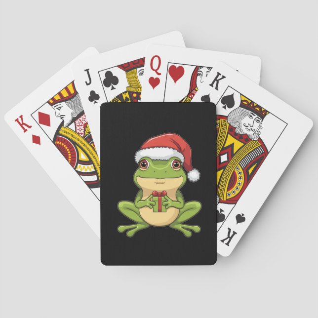 Baraja De Cartas Cute Christmas Frog with Santa Hat Holding  Gift - (Reverso)