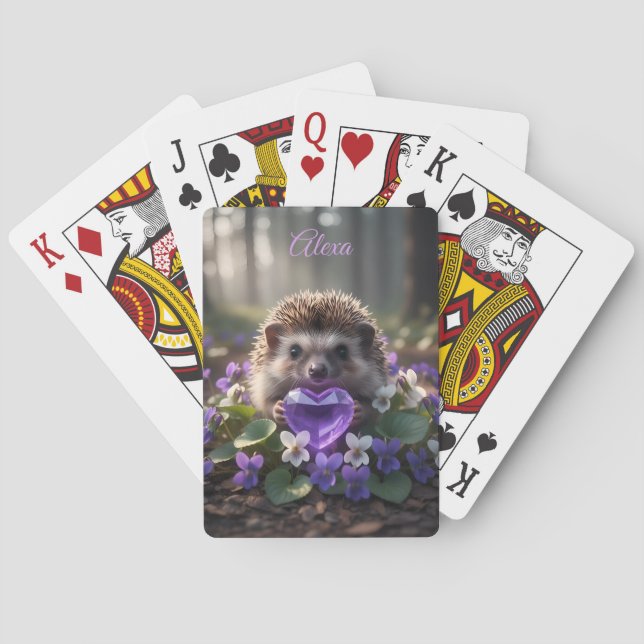 Baraja De Cartas Cute February Hedgehog with Amethyst Heart (Reverso)