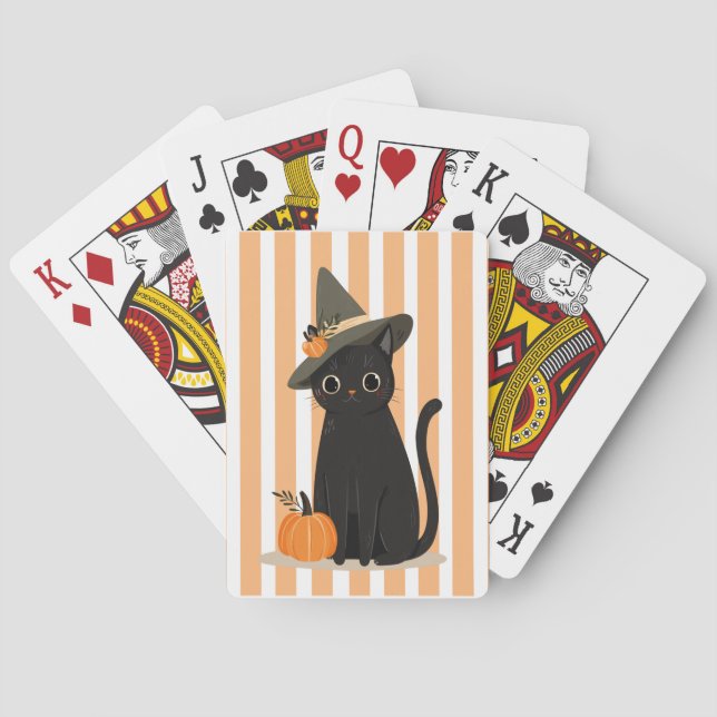 Baraja De Cartas Cute Halloween Black Cat with Witch Hat Pumpkin (Reverso)