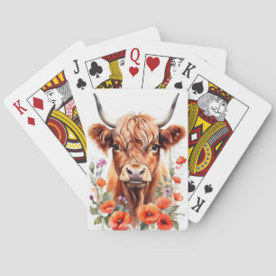 Baraja De Cartas Cute Highland Cow Y Flores De Adormidera