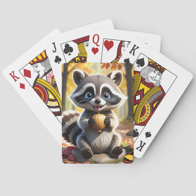 Baraja De Cartas Cute Kawaii estilo Racoon sosteniendo una bellota (Reverso)