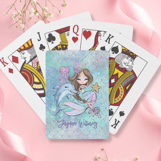 Baraja De Cartas Cute Mermaid Brown Hair Custom Name Chica Cumpleañ (Cute Mermaid Brown Hair Custom Name Girl Birthday Poker Cards
)