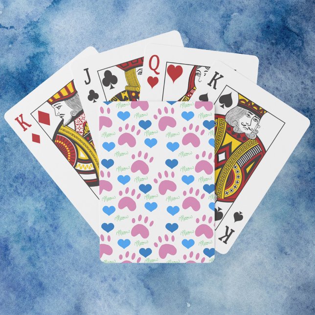 Baraja De Cartas Cute Pink Cat Paw Prints Blue Hearts Meow (A deck of playing cards with a pattern of paw prints, hearts and meows.)