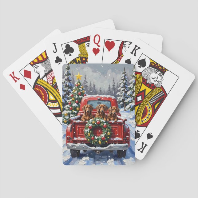 Baraja De Cartas Dachshund Christmas Red Truck Holiday (Reverso)