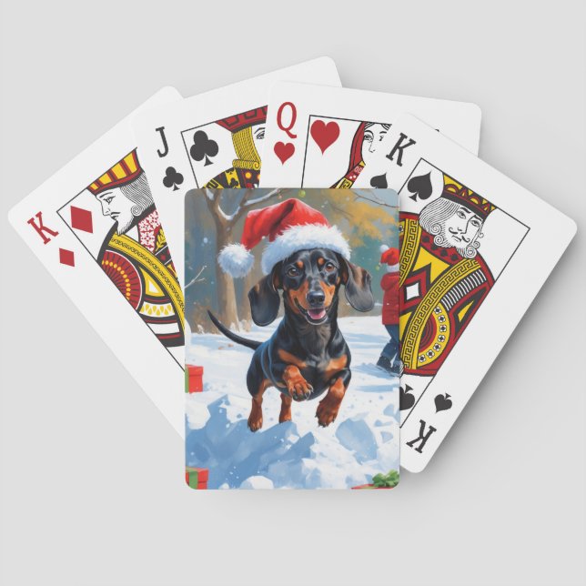 Baraja De Cartas Dachshund corre en nieve con Gorra Navidad (Reverso)