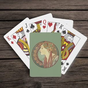 Baraja De Cartas Dama Art Deco Vintage Baldosas Mosaico Verde Hojas